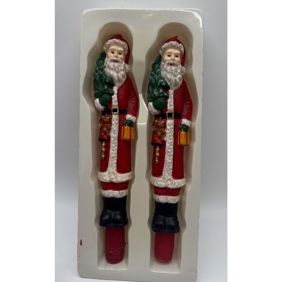 Vintage Pair 10” Sculptured Santa Claus Taper Candles Hand Painted Unburned - Picture 2 of 6